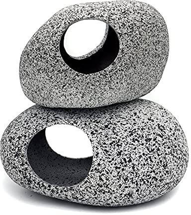 JIH Aquarium Decorations Rock, Ceramic Shelters - Shrimp Habitat, Breeding Tube, Hiding cave, Stackable Fish Tank Decor Cave for Hiding, Betta Fish (J001+J002)
