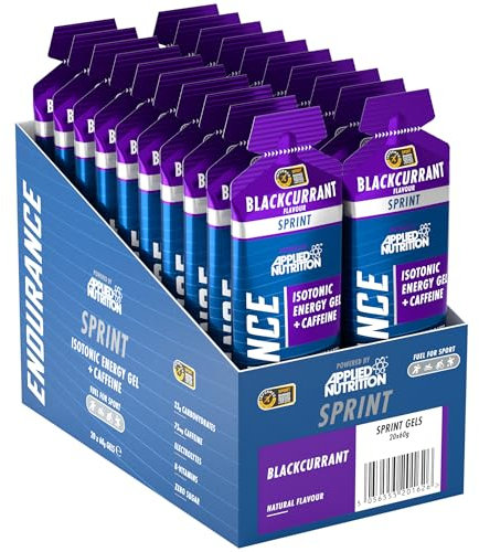 Sprint | Energy Gel with Caffeine | Easy to Digest | Zero Fat Zero Sugar | 23g Carbohydrates + Electrolytes & B-Vitamins (Pack of 20 x 60 gram) (20 Servings (Pack of 1), Blackcurrant)