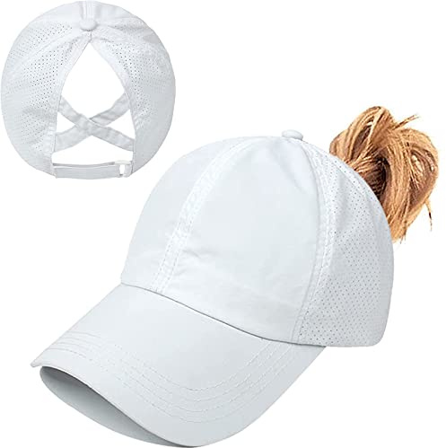 Baynetin Womens Criss Cross Ponytail Baseball Cap,High Messy Bun Ponycap Quick Drying Mesh Outdoor Sports Hat with Ponytail Hole Adjustable Travel Summer Hat (White, One Size)