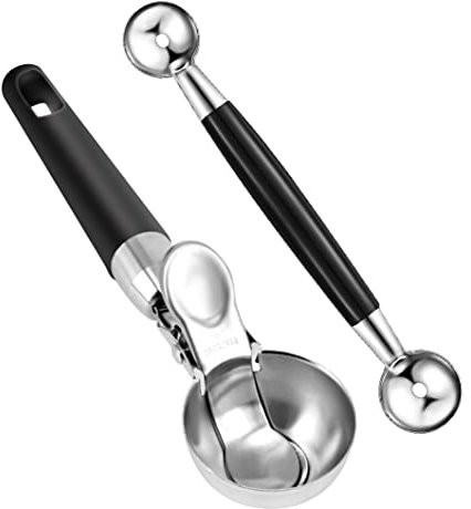 2teilige Edelstahl Eisportionierer Doppelseitig Aushöhllöffel Set Eiscremelöffel Kugelformer Melonenausstecher Eiskugeln Melonenballer Eislöffel Melonenlöffel für Gemüse Obst Eiscreme Frikadelle