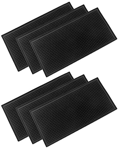 QWORK 12x6 Black Rubber Bar Mat – 6 Pack Non-Slip Drainage Pad for Coffee Stations, Home Bars & Kitchens