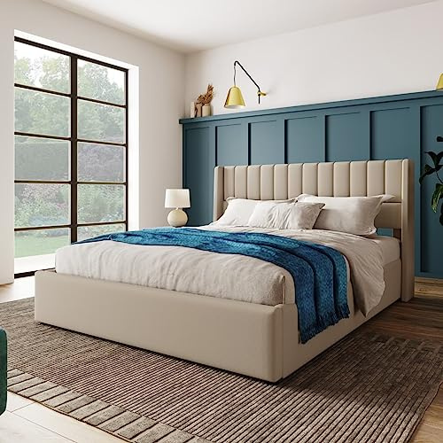 Dolamaní Letto imbottito 180 x 200 cm, letto matrimoniale con portaoggetti, struttura in metallo, rete a doghe in legno, lino e beige