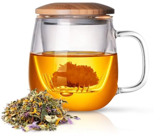 Umllpet Teetasse, Tee Glastasse mit Silberne, Doppelwandige Glas Teetasse mit Sieb, 420ml Teebecher aus Borosilikat Glas Tasse für losen Tee, blühenden Tee, Teebeutel, Teeglas für Weihnachts Geschenke