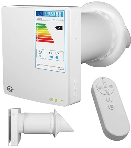 JESSP Humidity-Controlled, Decentralized Living Room Ventilation with Heat Recovery, F7 Filter and WIFI. Motor-Controlled Shutter Flap, D = 160 mm, 97% Heat Recovery, 60 m3/h, Single Room Ventilation