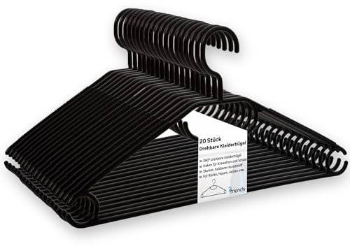 Schwarze Kleiderbügel 20 Stück - Robust und Platzsparend, 360° Drehbarer Haken, rutschfeste Kunststoff Kleiderbügel, Ideal für Leichte Kleidung, Made in EU aus 100% Recyclingmaterial