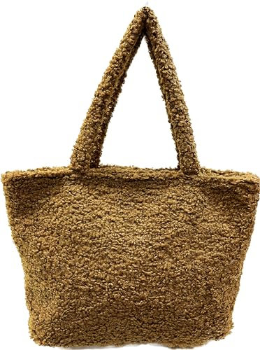 J26 Teddyfell Optik Shopper Tasche Schultertasche Henkeltasche Tote Bag Beutel Vlies (Braun)