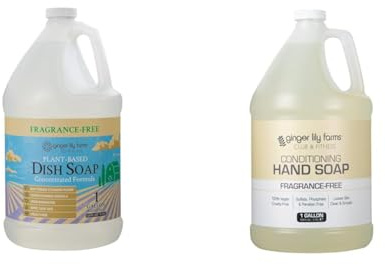 Ginger Lily Farms Botanicals Plant-Based Liquid Dish Soap, Concentrated Formula & Club & Fitness Conditioning Liquid Hand Soap Refill, 100% Vegan & Cruelty-Free, Fragrance Free, 1 Gallon
