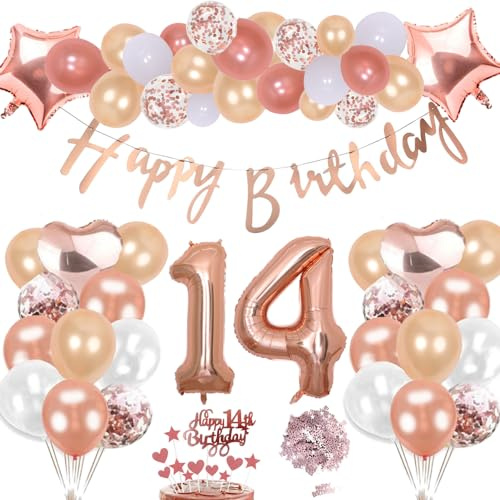 14 Cumpleaños Decoración Oro Rosa Kit Para Niña Niño, Inflables Corazón Numeros Gigantes Helio Globos papel Confeti Mesa Feliz Cumpleaños Decoración de la Torta Regalo Para 14 Años Infantiles Fiesta