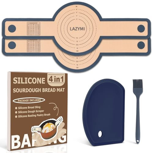 Lazymi Silikon Backmatte für Dutch Oven 2 Stück, Wiederverwendbare Silikon Backmatte Brot mit Langen Griffen für Brottopf, Teigmatte mit Teigschaber&Backpinsel, Brotmatte für Backofen, Dunkelgrau
