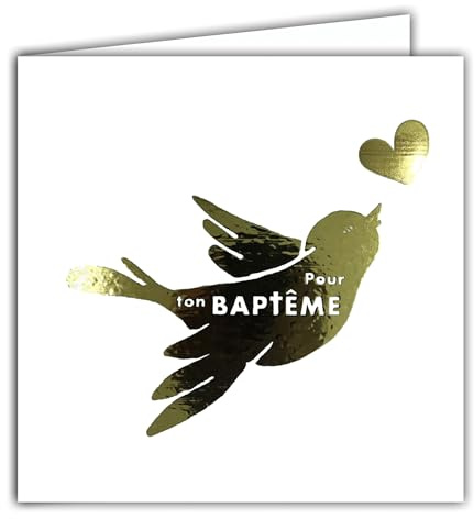 22244 Carte carrée FÉLICITATIONS pour ton BAPTÊME Oiseau Colombe de la Paix Amour Cœur en Or Doré Brillant Cadeau pour Bébé Enfant Garçon Fille - Avec Enveloppe blanche 15x15cm - Fabriquer en France