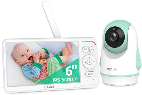 OKAIDI Babymonitor med kamera och ljud, 6 tum IPS ultrastor skärm med 30-timmars batteri, 305 m räckvidd babymonitor ingen WiFi, mörkerseende, 2-vägskommunikation, fjärrpan-tilt-zoomkamera,