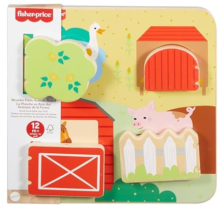 Fisher-Price Tablero de madera de animales de granja Juguete entretenido para desarrollo de bebés y niños y niñas pequeños a partir de 1 año, JCY33