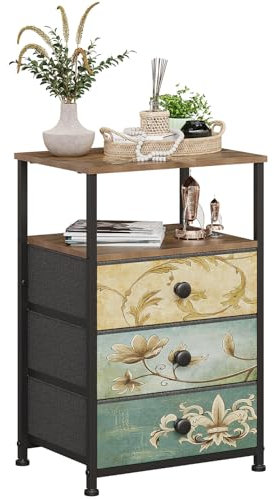 VEDECASA Kommode mit 3 Schubladen und offenem Regal Komodenschrank Böhmische Schminktisch Aufbewahrungsschrank Nachttisch Beistelltisch für Wohnzimmer Schlafzimmer Stabiler Stahlrahmen Holzplatte