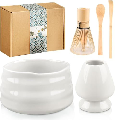 Juego de batidores de matcha, juego de piezas con cuenco para matcha, vertedor y soporte para batidor, para preparación tradicional de té matcha (blanco)