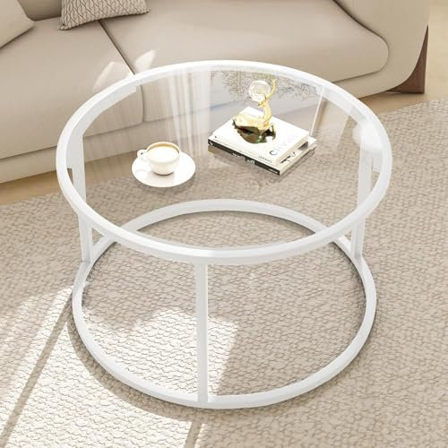 Glass Coffee Table, Round Coffee Table, Modern Center Table, Tea Table with Sturdy Metal Frame, Sofa End Table for Living Room, Tempered Glass Top, 27.6 x 27.6 x 17.7 IN, White