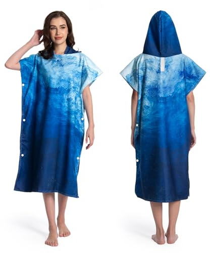 MOKANI Peignoir de Bain, Poncho Serviette à Capuche pour Piscine, Plage, Surf, Séchage Rapide et Léger, Poncho Éponge pour Adultes Femmes Hommes (avec Boutons, 108L x 82W CM)