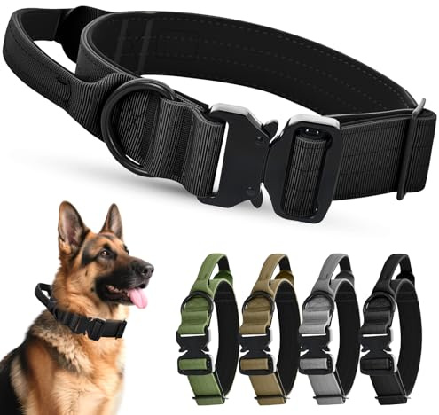 Ledeak Collar Táctico Perro con Mango, Nylon Ajustable Collares para Perros con Hebilla de Metal Resistente, Transpirables Acolchado Collar de Perro para Perros Mediano Grande (Negro, L)