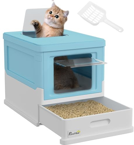 PawHut Cat Litter Box with Pull-Out Drawer Pan, Foldable Hooded Litter Tray with Lid & Scoop, Easy Clean, Odour Control, Anti-Splashing, for Small & Medium Cats, Light Blue