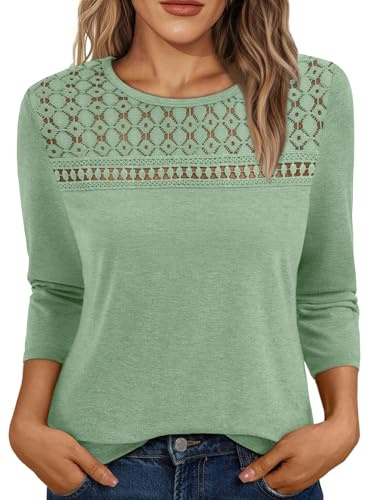 AUTOMET 3/4 Length Sleeve Womens Tops Lace Business Dressy Casual Blouses Spring Summer Fall Trendy Cute Work T Shirts LightGreen L