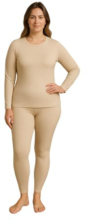 BEEYANOPAL Completo Intimo Termico Donna Invernale a Maniche Lunghe con Interno in Pile, Leggero, Elastico e Traspirante per Casa o Sport (Beige Chiaro, L)
