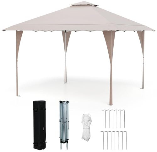 GOPLUS Cenador Plegable Jardín 394 x 394 CM, Carpa de Techo Doble para Exterior, Pabellón con Estructura Metálica Resistente,para Picnic, Camping, Barbacoa (Caqui)