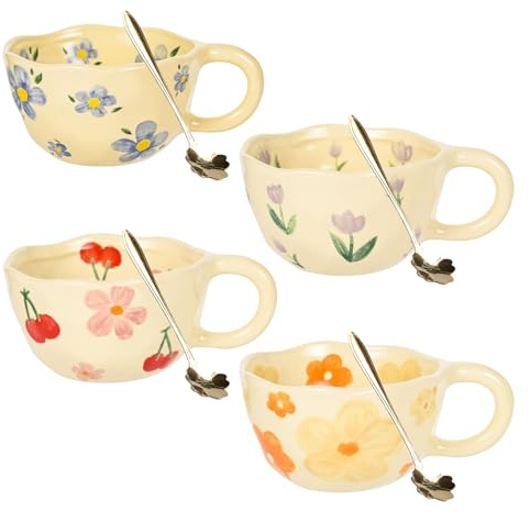 Set di 4 tazze da caffè con cucchiaio, tazze da cappuccino, tazze da caffè creative, fiori in ceramica, per latte, cacao, tazza di Natale, regalo di compleanno per donne, 250 ml