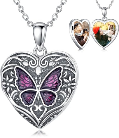 Shusukue Medallón de plata de ley 925 para mujer con forma de corazón, para abrir fotos, cadena de 45 – 50 cm, regalo para San Valentín y Día de la Madre para mujeres, 45.7 cm, Plata esterlina, Sin