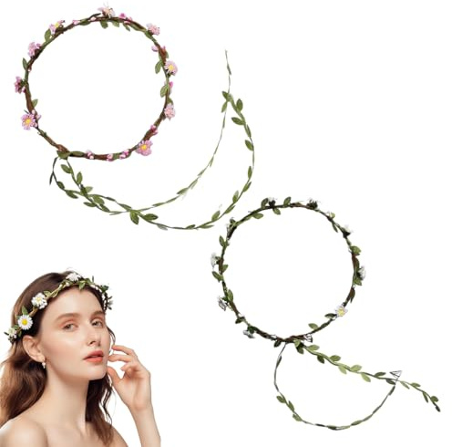 2 diademas de flores artificiales con forma de corona y guirnalda, accesorios para el cabello con flores secas, diadema bohemia con forma de corona floral para fiestas, bodas, mujeres y niñas (rosa)