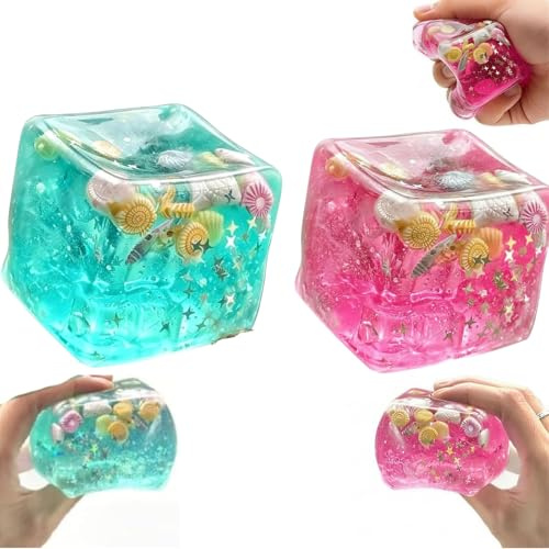 NEEE DOOH Nice Cubes – Ice Cube Fidget Squishy für jedes Alter: Quadratische Stressbälle, Preise für den Unterricht, Stresswürfel zur Angstlinderung – Geschenk für Kinder (2pcs pink+Green)