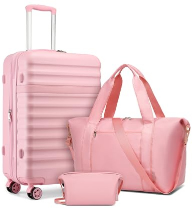 Kono Luggage Sets 3 Piece, Lightweight Medium Suitcase Hard Shell Expandable ABS+PC Case with TSA Lock 4 Spinner Wheels, 24 Inch Trolley with Duffels Bag & Toiletry Bag Travel Set (Pink)