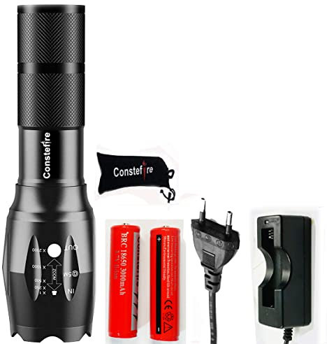 Constefire Lampe de poche torche led puissante rechargeable18650 - LED Tactical Flashlight Zoomable - Avec 2 piles rechargeables 18650 de 3,7 V pour vélo, randonnée, camping, urgence
