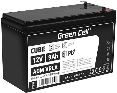 Green Cell AGM Batteri 12 V, VRLA-blybatteri, blybatteri, ersättningsbatteri, underhållsfri UPS, USV-nödström, USV-system, backupbatteri, för elscooter, solpanel, rullstol och mer, 9 Ah