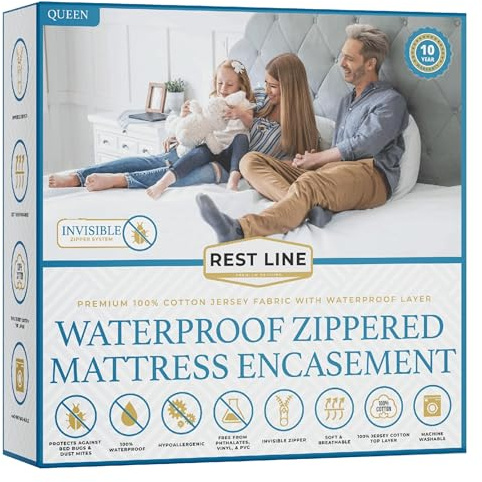 Queen Size 60x80” Premium Waterproof Zippered Mattress Encasement, 100% Cotton, Hypoallergenic, Six Sided Mattress Cover, Invisible Zippered, Soft Breathable up to 15 Deep - Rest Line