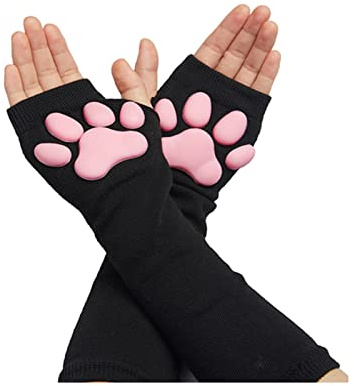 HOMEGYMFREE Söt katt tass vantar handskar, Kawaii katt cosplay Kawaii mjuk 3D tår bönor fingerlösa katt klo tassar dyna ärm, Svart-lång, One Size