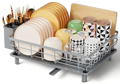 LIONONLY Escurridor de Platos,Gran Escurreplatos de Acero Inoxidable,Estante de Secado de Platos con Bandejas de Goteo,Portautensilios und Boca de Vaciado Giratoria,Escurreplatos sobre Fregadero