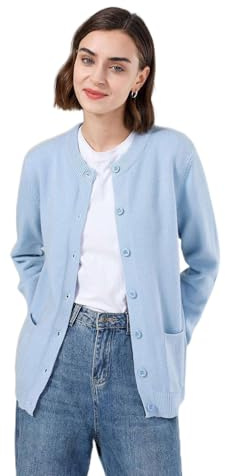 SMILING PINKER - Cardigan da donna a maniche lunghe, caldo, con scollo tondo, gilet in maglia, giacca con bottoni e tasche, Azzurro, M