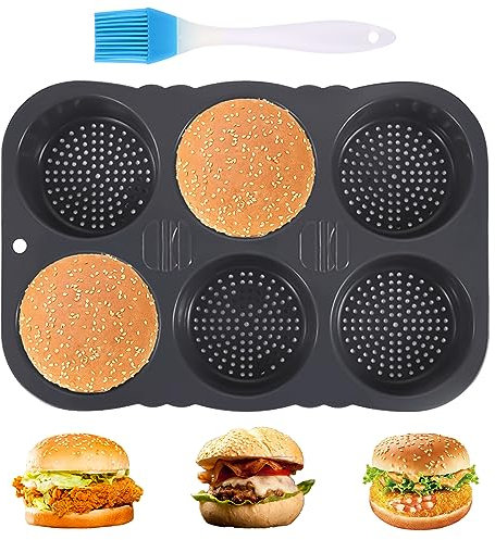 mumisuto Burger Buns Backform Silikon, Brötchen Backform Rund 10cm Ø, Antihaft Silikon Backform mit 6 Hohlräumen, Für Brot, Burger Buns und Muffins, Kichen Backwerkzeug (6-Loch)