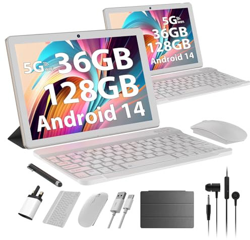 AXETOP 10 Inch Tablet Android 14,36GB RAM+128GB ROM(TF 1TB), Octa Core, 2.0 GHz,5G WiFi, Widevine L1 | Google GMS | 8000mAh | Bluetooth 5.0 | 8MP+5MP | Tablet with Keyboard, Mouse, Case, Stylus - Gold