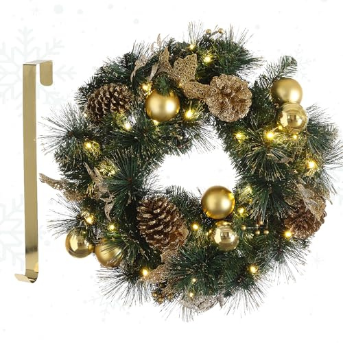 MeisterHome ® Couronne de Noël artificielle Couronne de l'Avent pour porte Ø 50 cm - Couronne de porte de Noël pour l'intérieur et l'extérieur avec 35 LED, minuterie et décoration dorée + crochet de