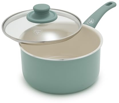 GreenLife 2.5QT Nonstick Saucepan with Glass Lid, Soft Grip, PFAS-Free Ceramic, Multipurpose Chef Pan, Milk & Sauce Cooking Pot, Dishwasher & Oven Safe to 350˚F, Stay-Cool Handle, Turquoise