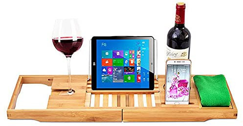 LHJDMHJ Plateau de Baignoire Extensible en Bambou, étagère de Baignoire Polyvalente, Support pour Tablette et téléphone Portable, Accessoires de Salle de Bain