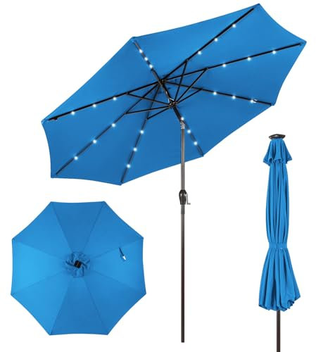COSTWAY Parasol de Jardin Extérieur Ø 300 CM, Parasol Inclinable Lumineux Solaire avec 24 LED, Parasol Droit avec Manivelle et 8 Baleines Métalliques Robustes, pour Balcon Jardin Terrasse(Bleu Clair)