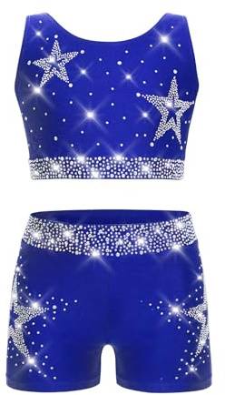 Yihuimin Ensemble de Danse Moderne Jazz Enfant Fille Strass Haut et Short Justaucorps Gymnastique Bleu 7-8 ans