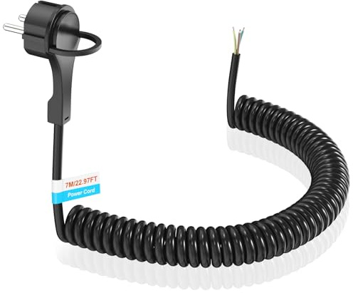 7M Schutzkontakt Verlängerungskabel mit Extraflach Schuko Stecker, Dehnbare Anschluss Spiralkabel Kunststoffleitung Verlängerungsleitung, Schuko-Stromkabel 230 V / 16 A, Schwarz