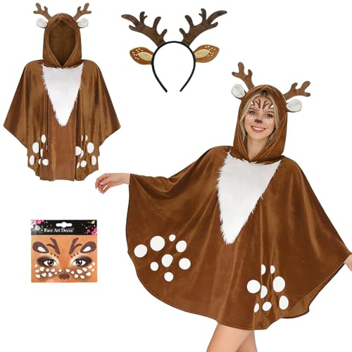 Forbabe Disfraz de reno para mujer, capa de ciervo, con orejas de reno, diademas y purpurina, tatuaje facial, disfraz de ciervo, animal, disfraz para carnaval, Navidad, fiesta temática