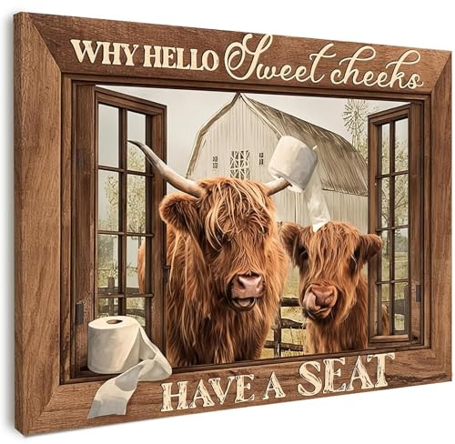 Qiukoo Funny Bathroom Wall Art Framed Highland Cow Farmhouse Rustic Toilet Humour Wall Picture for Loo WC Home Bathroom Decor Ready to Hang with Hooks and Nails – 12×16 Inch