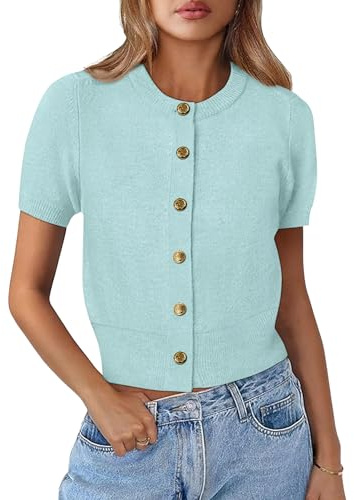 Kistore Womens Summer Casual Short Sleeve Sweater Cardigan Button Down Crew Neck Knitted Crop Cardigan Tops Sky Blue Medium