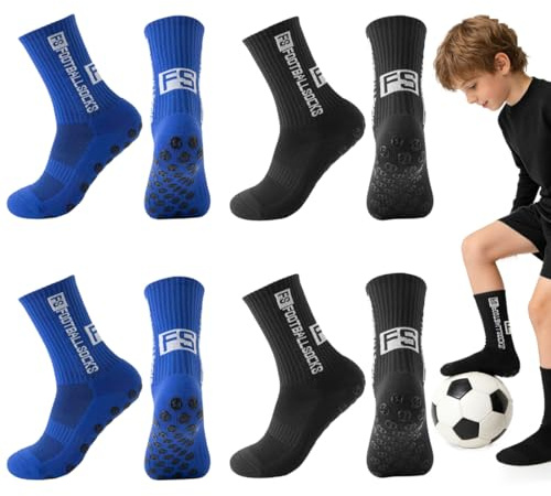 GNALIA Chaussette Foot Enfant 4 Paires Antidérapantes 2 Bleu Marine 2 Noir Taille 33-39 Football Basketball Rugby