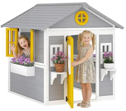 Outsunny Casetta in Legno Bambini 3-8 Anni 112x126x135cm Grigio Giallo