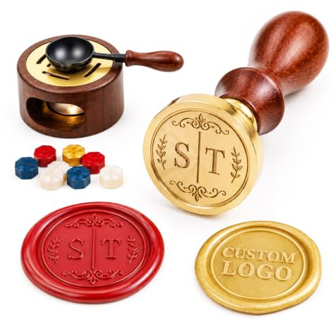 Personalised Wax Seal Stamp Kit, Custom Logo Brass Seal with 70+ Designs | 70+ Designs, Brass Stamp, Multiple Sizes, Handles, Wax Colors & Furnace Styles for Weddings, Branding, Gifts & DIY Crafts.